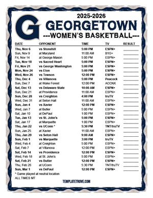 Georgetown Hoyas Women's Basketball 2025-26 Printable Schedule - Mountain Times