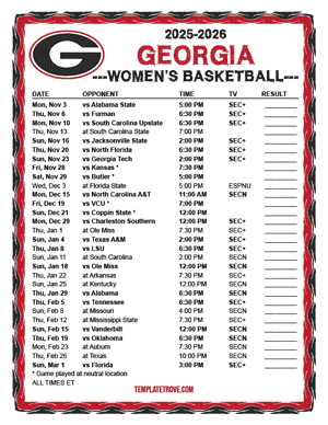 2024-25 Printable Georgia Bulldogs Women's Basketball Schedule