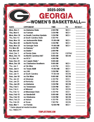 Georgia Bulldogs women's basketball 2025-26 Printable Schedule - Pacific Times