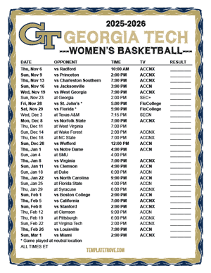 2025-26 Printable Georgia Tech Yellow Jackets Women's Basketball Schedule