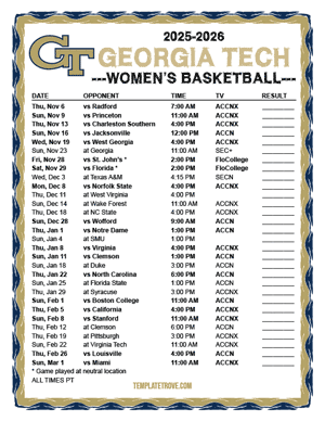 Georgia Tech Yellow Jackets women's basketball 2025-26 Printable Schedule - Pacific Times