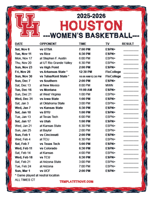 Houston Cougars Women's Basketball 2025-26 Printable Schedule - Central Times