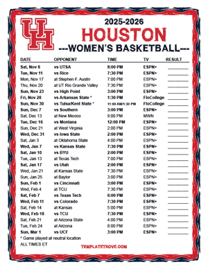 2024-25 Printable Houston Cougars Women's Basketball Schedule
