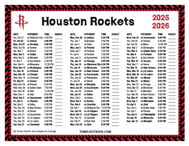 Houston Rockets 2025-26 Printable Schedule - Pacific Times