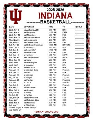 Indiana Hoosiers Basketball 2025-26 Printable Schedule - Mountain Times