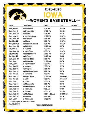 Iowa Hawkeyes Women's Basketball 2025-26 Printable Schedule - Pacific Times