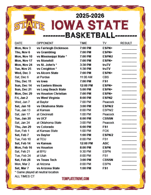 Iowa State Cyclones Basketball 2025-26 Printable Schedule - Central Times