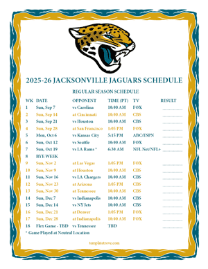Jacksonville Jaguars 2025-26
Printable Schedule - Pacific Times