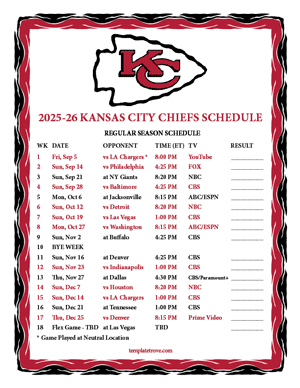 Kansas City Chiefs 2025-26
 Printable Schedule