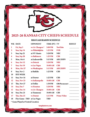 Kansas City Chiefs 2025-26
 Printable Schedule - Pacific Times