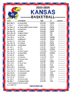 2024-25 Printable Kansas Jayhawks Basketball Schedule