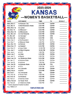 Kansas Jayhawks Women's Basketball 2025-26 Printable Schedule - Central Times