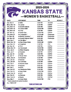 Kansas State Wildcats Women's Basketball 2025-26 Printable Schedule - Mountain Times