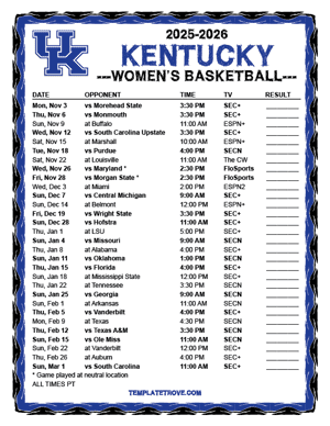 Kentucky Wildcats women's basketball 2025-26 Printable Schedule - Pacific Times