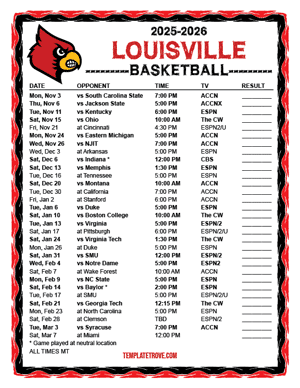 Louisville Cardinals Basketball 2025-26 Printable Schedule - Mountain Times