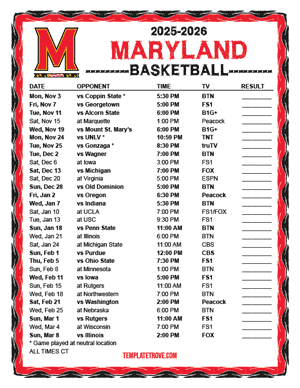 Maryland Terrapins Basketball 2025-26 Printable Schedule - Central Times