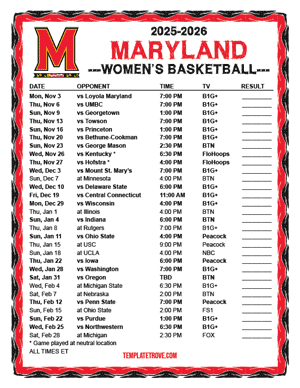 2024-25 Printable Maryland Terrapins Women's Basketball Schedule