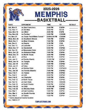 Memphis Tigers Basketball 2025-26 Printable Schedule - Central Times