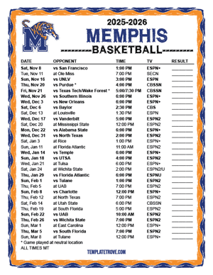 Memphis Tigers Basketball 2025-26 Printable Schedule - Mountain Times