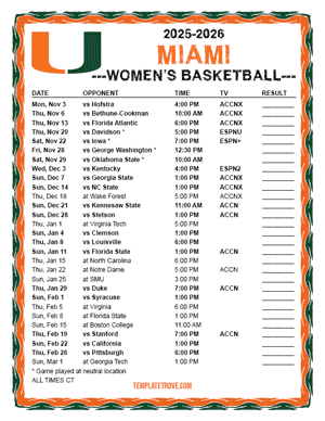 Miami Hurricanes women's basketball 2025-26 Printable Schedule - Central Times