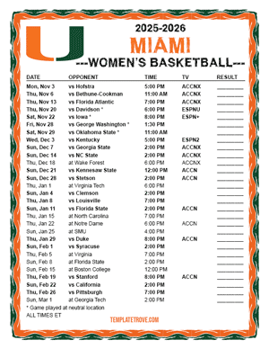 2025-26 Printable Miami Hurricanes Women's Basketball Schedule