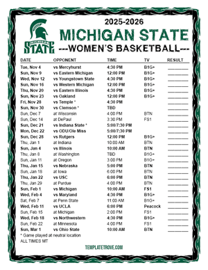 Michigan State Spartans Women's Basketball 2025-26 Printable Schedule - Mountain Times