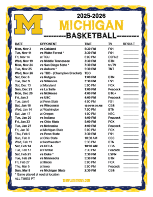 Michigan Wolverines Basketball 2025-26 Printable Schedule - Pacific Times
