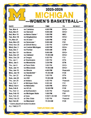 Michigan Wolverines Women's Basketball 2025-26 Printable Schedule - Pacific Times