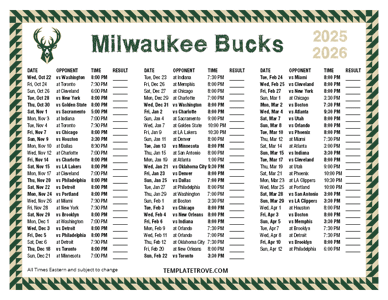 Milwaukee Bucks 2025-26 Printable Schedule