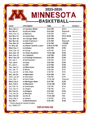 Minnesota Golden Gophers Basketball 2025-26 Printable Schedule - Pacific Times