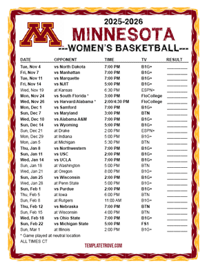 Minnesota Golden Gophers Women's Basketball 2025-26 Printable Schedule - Central Times