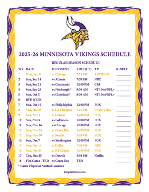 Minnesota Vikings 2025-26
 Printable Schedule - Central Times