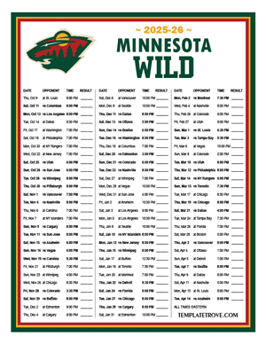 Minnesota Wild 2025-26 Printable Schedule