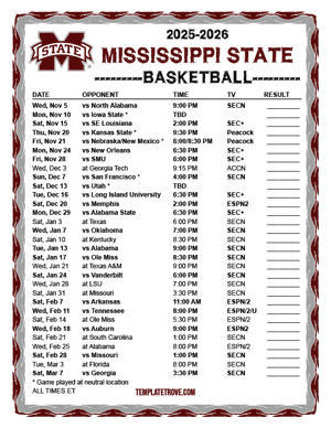 2024-25 Printable Mississippi State Bulldogs Basketball Schedule