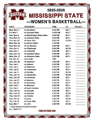 Mississippi State Bulldogs women's basketball 2025-26 Printable Schedule - Central Times