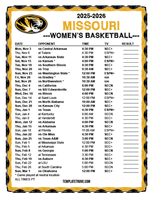 Missouri Tigers women's basketball 2025-26 Printable Schedule - Pacific Times