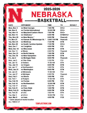 Nebraska Cornhuskers Basketball 2025-26 Printable Schedule - Central Times