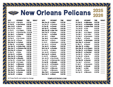 New Orleans Pelicans 2025-26 Printable Schedule - Pacific Times