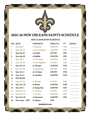 New Orleans Saints 2025-26
Printable Schedule - Central Times