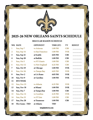 New Orleans Saints 2025-26
Printable Schedule
