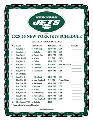 New York Jets 2025-26
 Printable Schedule - Central Times