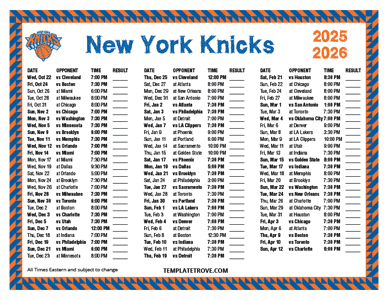 New York Knicks 2025-26 Printable Schedule