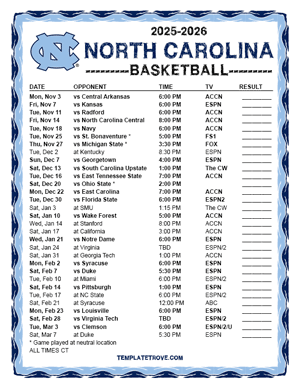 North Carolina Tarheels Basketball 2025-26 Printable Schedule - Central Times