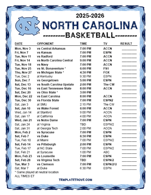 2024-25 Printable North Carolina Tarheels Basketball Schedule