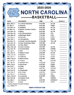 North Carolina Tarheels Basketball 2025-26 Printable Schedule - Pacific Times