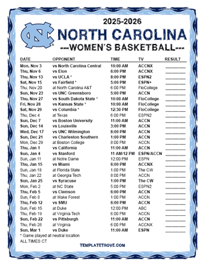 North Carolina Tarheels women's basketball 2025-26 Printable Schedule - Central Times