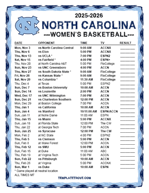 North Carolina Tarheels women's basketball 2025-26 Printable Schedule - Mountain Times