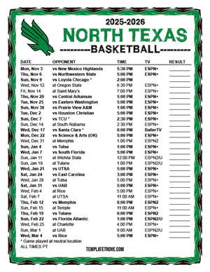 North Texas Mean Green Basketball 2025-26 Printable Schedule - Pacific Times