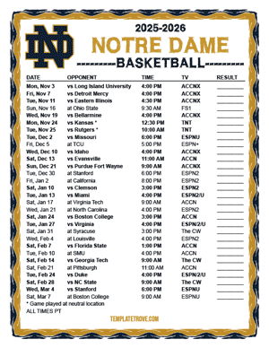 Notre Dame Fighting Irish Basketball 2025-26 Printable Schedule - Pacific Times