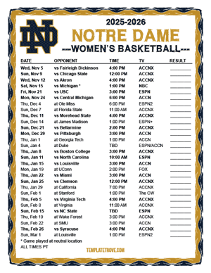 Notre Dame Fighting Irish women's basketball 2025-26 Printable Schedule - Pacific Times